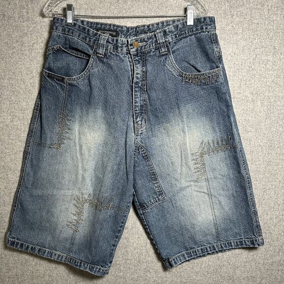 Vintage Rocawear Size 36 Mens Denim Shorts Skater Embroidered Blue Zip Button - Picture 1 of 16